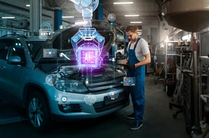 Ein Mann der vor einem Auto steht und auf ein Tablet schaut auf dem er mit digitalen Apps arbeitet.
